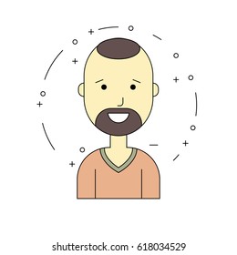 Smiling man hipster character. Vector illustration of color icon in flat line style. Linear cute and happy man.