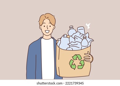 Smiling man hold bag with plastic bottles for utilization. Happy guy recycle plastic care about planet and environment safety. Vector illustration. 