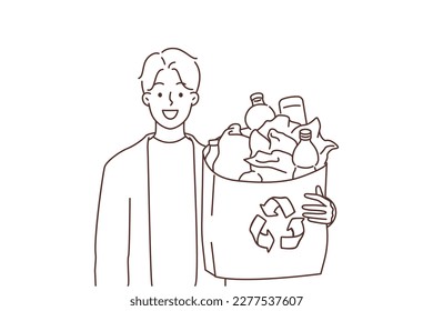 Smiling man hold bag with plastic bottles for utilization. Happy guy recycle plastic care about planet and environment safety. Vector illustration. 