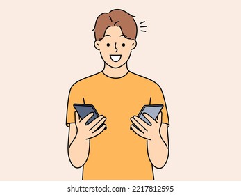 Smiling man hold cellphone sending information in between gadgets. Happy male compare modern smartphones. Technology concept. Vector illustration. 