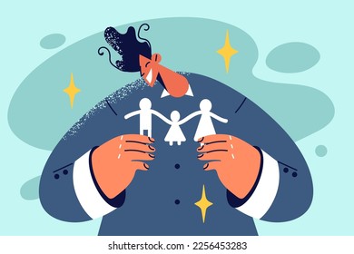 Smiling man hold family paper model in hands. Male social worker with family maquette. Aid and assistance. Vector illustration. 