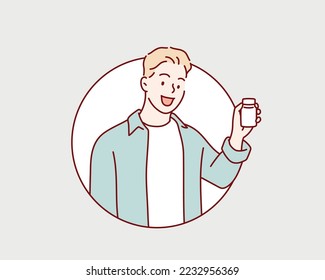 smiling man hold jar with medicine pills. Hand drawn style vector design illustrations.