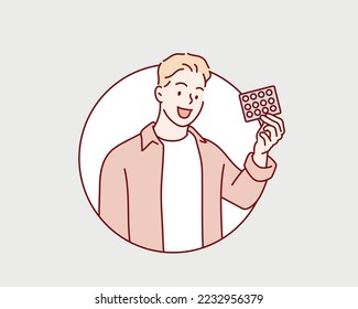 smiling man hold medicine pills. Hand drawn style vector design illustrations.