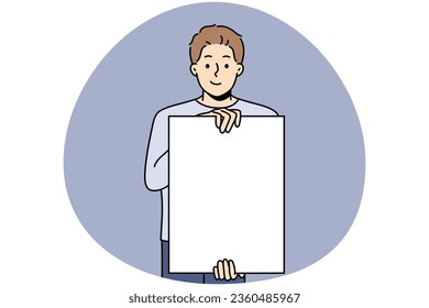 Smiling man hold white empty poster for advertising copy space. Happy male demonstrate mockup on paperwork for ad placement. Vector illustration.