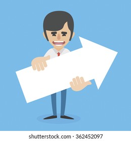 Smiling man holding Up arrow