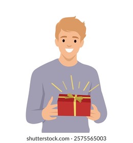 Smiling man holding a beautifully wrapped red gift box, radiating excitement and happiness. Flat vector illustration isolated on white background