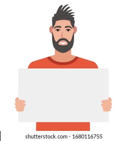 Un hombre sonriente sostiene un afiche en blanco. Placard para publicidad. Ilustración vectorial al estilo de las caricaturas.