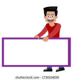 Smiling man is holding a blank poster. Placard for advertising. Vector illustration in cartoon style