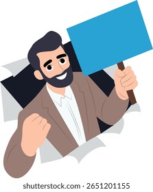 Homem sorridente segurando placa em branco, feliz Dia Internacional de Comemoração pela Abolição da Escravidão