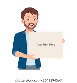 Smiling man holding blank signboard with copy space for text, illustration style