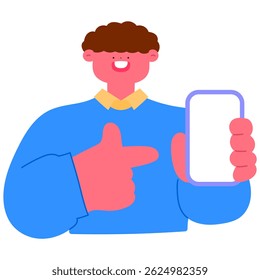 smiling man holding blank smartphone screen for app mockup, advertising, or mobile content concept, flat vector illustration