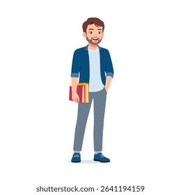 Smiling man holding books while standing with hand in pocket isolated on white background