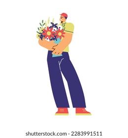 Hombre sonriente sosteniendo un ramo de flores, ilustración vectorial plana aislada en fondo blanco. Courier entrega arreglos florales. Conceptos de servicio de entrega y tienda online de flores.