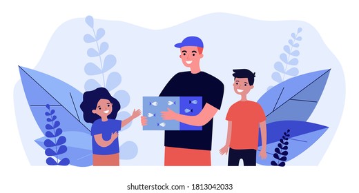 Smiling man holding box with fishes and surrounded kids. Girl, boy, aquarium flat vector illustration. Fun and domestic animals concept for banner, website design or landing web page