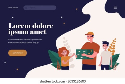 Smiling man holding box with fishes and surrounded kids. Girl, boy, aquarium flat vector illustration. Fun and domestic animals concept for banner, website design or landing web page