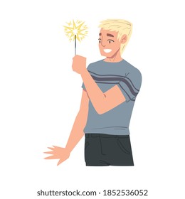 Smiling Man Holding Burning Sparkler, Guy in Joyful Mood Celebrating Holiday Cartoon Style Vector Illustration