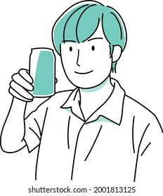 A smiling man holding a can of drink
