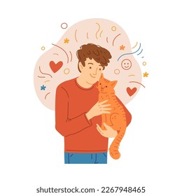 Smiling man holding cat, cartoon flat vector illustration isolated on white background. Happy person hugging and cuddling cute kitty. Concepts of pet owning, animal shelter and adoption.