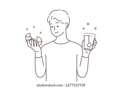 Smiling man holding croissant and takeaway tea in cup. Happy guy enjoy lunch or breakfast with pastry and takeout drink. Vector illustration. 