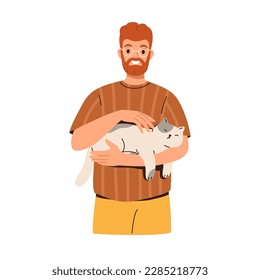 Smiling man holding cute cat in hands. Kitty sleeping in owners arms. Care and love for home pet. Young guy and feline pet friendly relationship. Flat illustration isolated on white background.