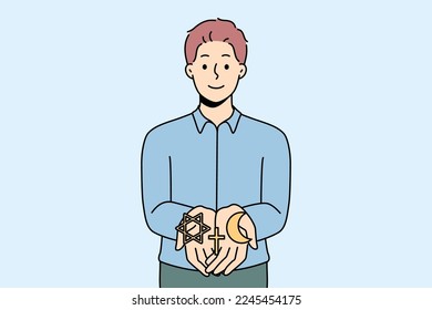 Smiling man holding different religions symbols in hands. Concept of interreligious signs. Christianity, islam and Judaism. Vector illustration. 