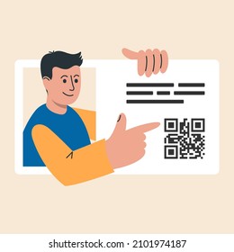 Smiling man holding document identification. Concept of identity card with personal information, national identification document, passport, driver license. Vector illustration