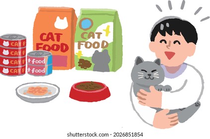 A smiling man holding a domestic cat and cat food