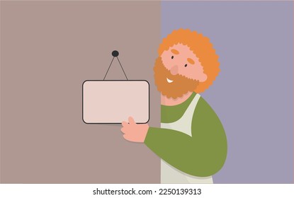 Smiling Man holding empty sign. Small business concept. Store owner. Welcome board 