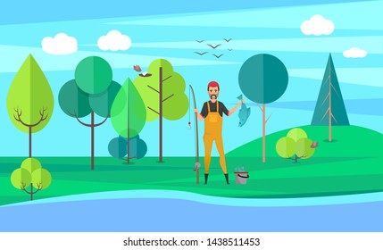 Smiling man holding fish-rod and pike, green trees and grass, cloudy sky. Male character standing on coast near bucket and river, hobby fishing vector