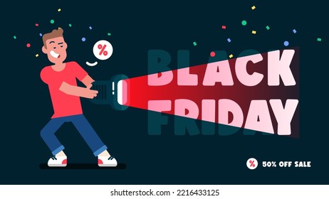 Smiling man Holding Flashlight lights up showing Black Friday phrase, Enjoy Super Sale, 50% Sale sticker, discounts banners in flat style, Vector avatar illustration 