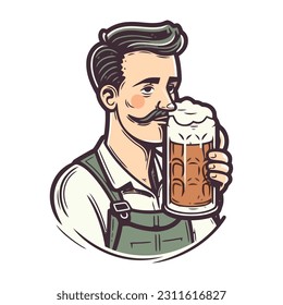 Smiling man holding frothy beer mug isolated icon