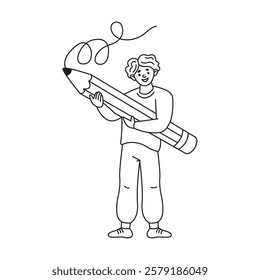 Smiling man holding giant pencil linear icon. Artist drawing whimsical spiral line with tool doodle character doodle thin line illustration