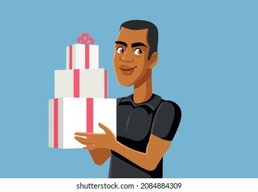 
Smiling Man Holding Gift Boxes Vector Cartoon Illustration. Happy boyfriend giving or receiving many gifts on anniversary of first date
