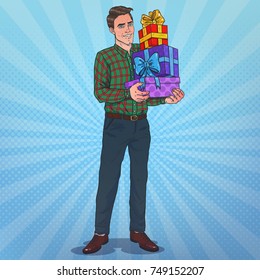 Smiling man holding gift. Pop art. Vector illustration.