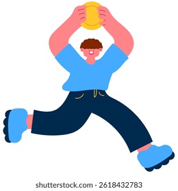 Smiling man holding a golden coin over his head while running, symbolizing financial success and achievement flat vector illustration