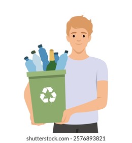 Smiling man holding a green recycling bin filled with bottles Promoting Recycling Awareness. Flat vector illustration isolated on white background