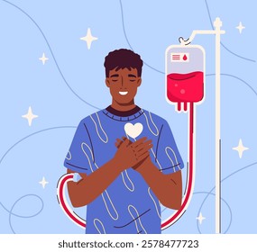 Smiling man holding a heart shape with hands, connected to a blood bag, on a light blue background with decorative elements. Blood donation concept. Vector illustration
