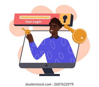 A smiling man holding a key appears from a monitor screen, with a user login bar and lock icon above, on a white background. Concept of secure login. Vector illustration