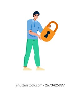 Smiling man holding a large padlock represents secure access, emphasizing the importance of data protection and privacy in today's digital landscape