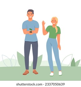 Smiling man holding little plant, woman standing near. Help and care of environment. Female and male volunteers care of nature. Flat vector illustration in green colors in cartoon style