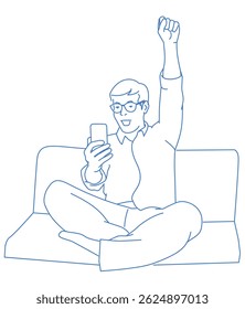 A smiling man holding a mobile phone and celebrating success
