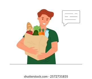 Smiling man is holding a paper bag full of groceries. The concept of shopping in a supermarket or 
on the market. Vector illustration