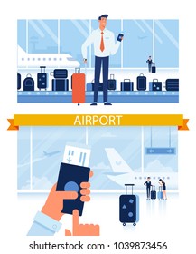 Smiling man holding passport ready for vacation travel at the airport. Arrivals and Departures at Airport, Waiting Room. People sitting and walking at airport terminal. Flat Vector illustration. 
