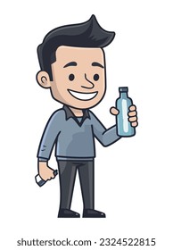 Lächelnder Mann, der eine Plastikflasche mit Erfrischungsgetränk hält Symbol einzeln einzeln