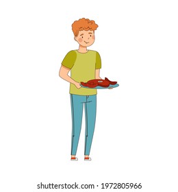 Smiling Man Holding Plate with Meat Products Vector Illustration
