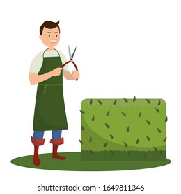 Hombre sonriente sosteniendo una cizaña en sus manos al lado de un arbusto verde. Aislado sobre fondo blanco. Ilustración de material vectorial