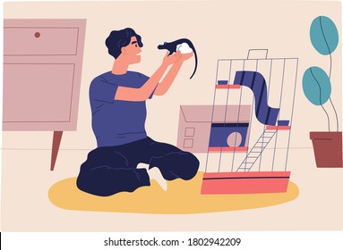 Smiling man holding rat vector flat illustration. Happy male playing with domestic mouse sitting near animal cage isolated on white. Joyful guy having fun spending time with pet at home