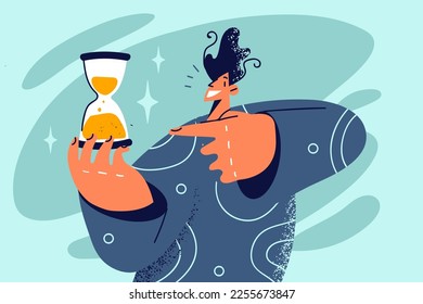 Smiling man holding sandglass point at time passing. Happy guy with hourglass recommend time management and good organization. Vector illustration. 