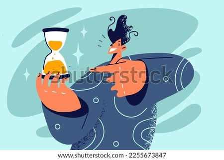 Smiling man holding sandglass point at time passing. Happy guy with hourglass recommend time management and good organization. Vector illustration. 