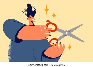 Smiling man holding scissors cutting something. Happy male with cutters in hands. Creative work and hobby. Vector illustration. 